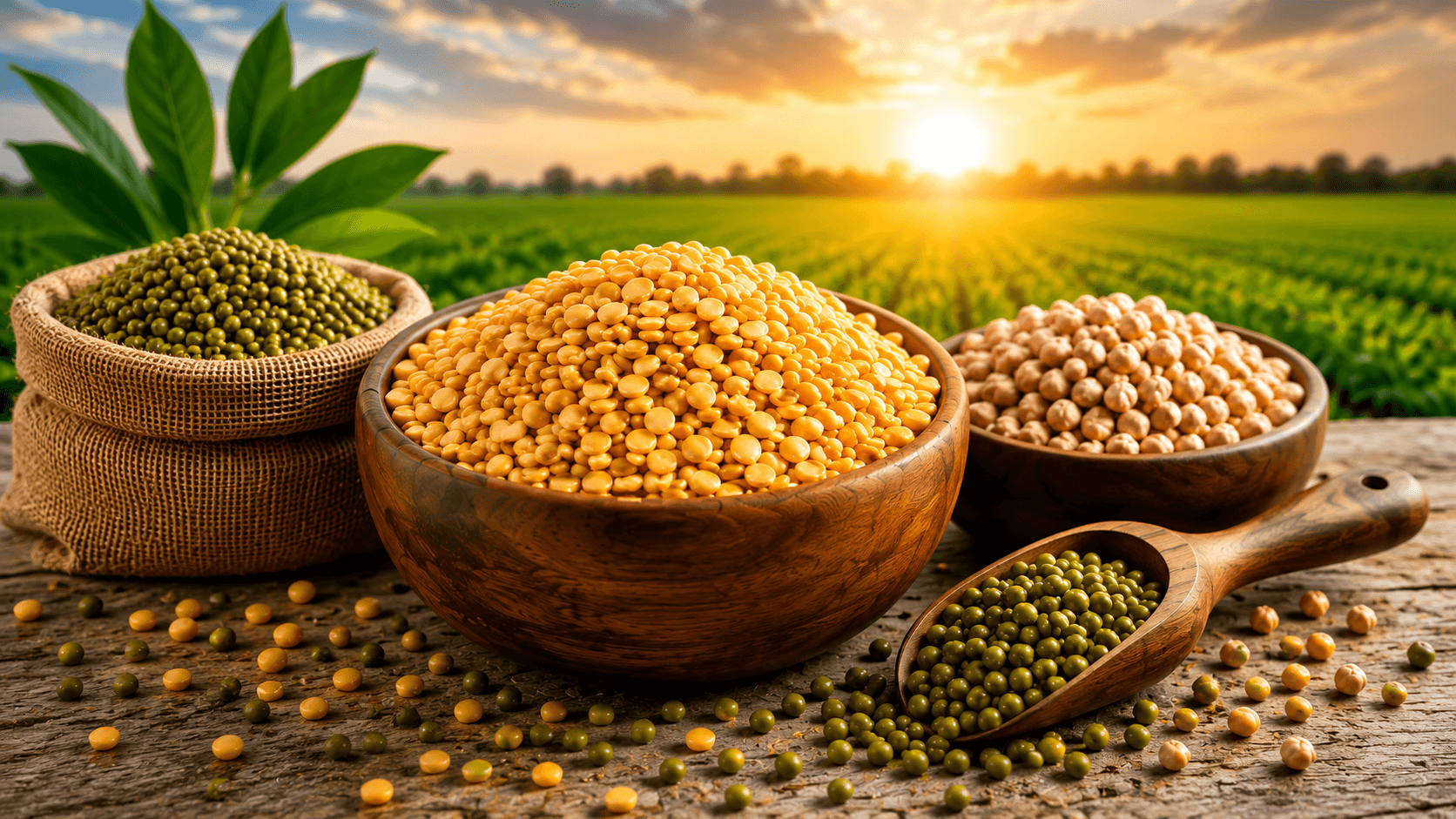 Premium pulses in wooden bowls beside sunlit agricultural fields